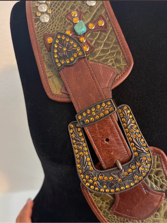 Kurtmen Accessories - Kurtmen leather alligator belt studs crystals turquoise cross statement belt